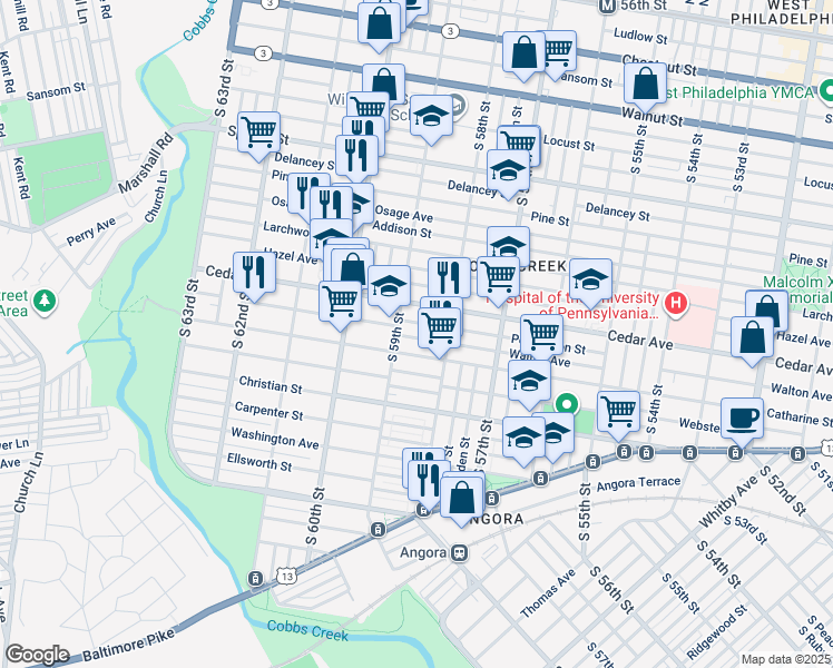 map of restaurants, bars, coffee shops, grocery stores, and more near 5843 Walton Avenue in Philadelphia