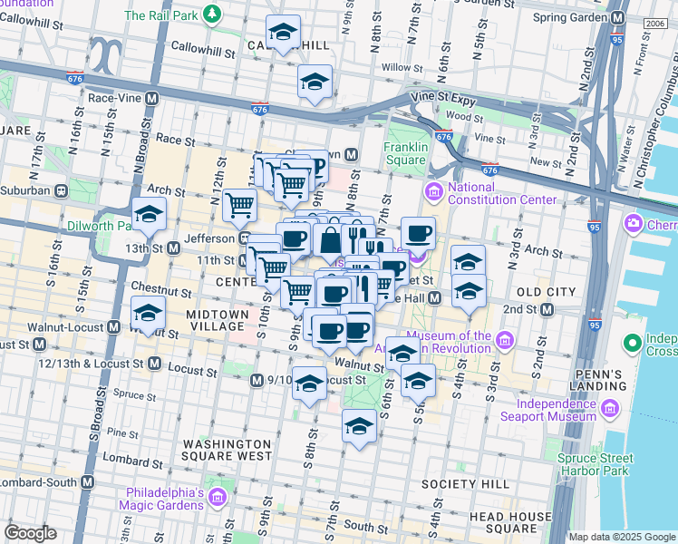 map of restaurants, bars, coffee shops, grocery stores, and more near 801 Market Street in Philadelphia