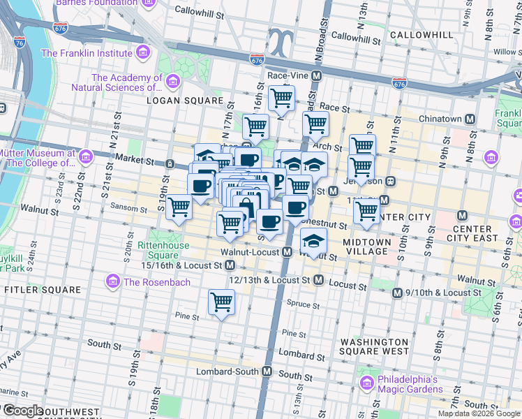 map of restaurants, bars, coffee shops, grocery stores, and more near 42 South 15th Street in Philadelphia