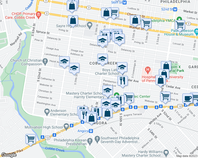 map of restaurants, bars, coffee shops, grocery stores, and more near 616 South 57th Street in Philadelphia