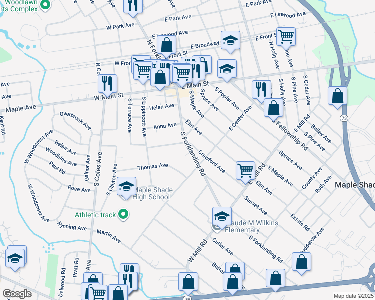map of restaurants, bars, coffee shops, grocery stores, and more near 220 South Forklanding Road in Maple Shade