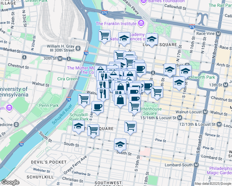 map of restaurants, bars, coffee shops, grocery stores, and more near 124 South Van Pelt Street in Philadelphia