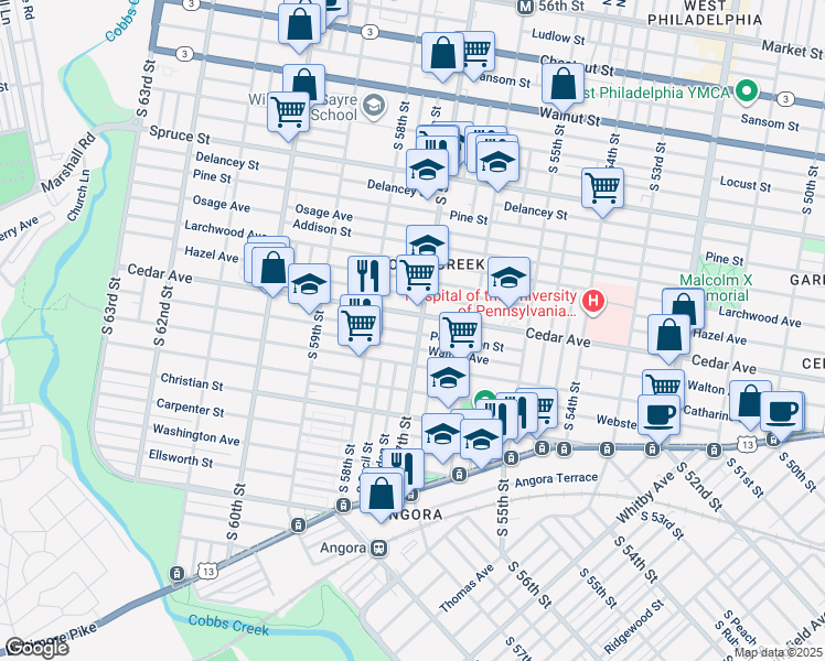map of restaurants, bars, coffee shops, grocery stores, and more near 616 South 57th Street in Philadelphia