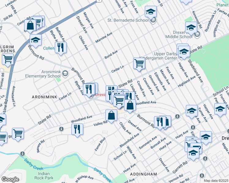 map of restaurants, bars, coffee shops, grocery stores, and more near 4304 State Road in Drexel Hill