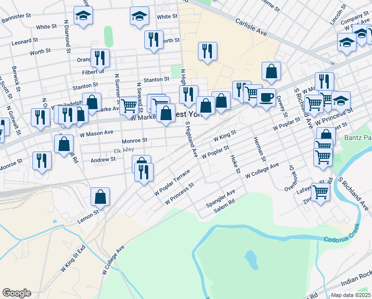 map of restaurants, bars, coffee shops, grocery stores, and more near 1419 West King Street in York