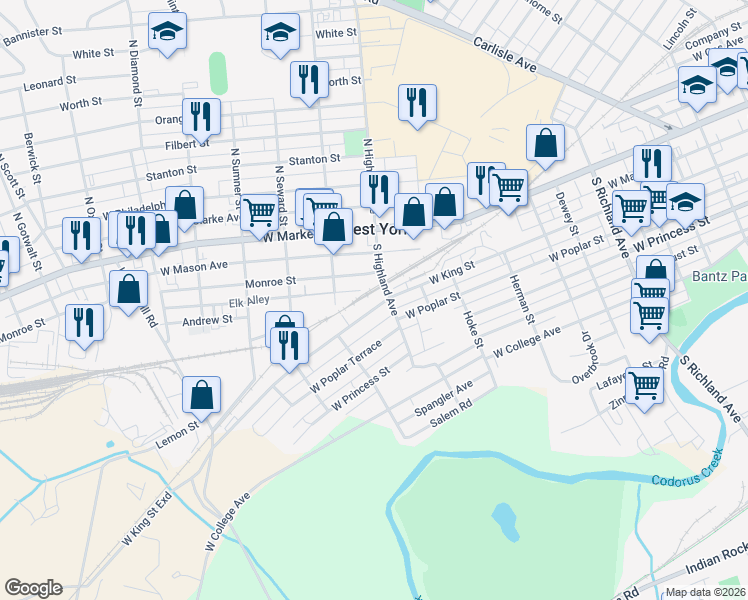 map of restaurants, bars, coffee shops, grocery stores, and more near 1435 West King Street in West York