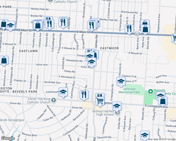 map of restaurants, bars, coffee shops, grocery stores, and more near 979 South James Road in Columbus