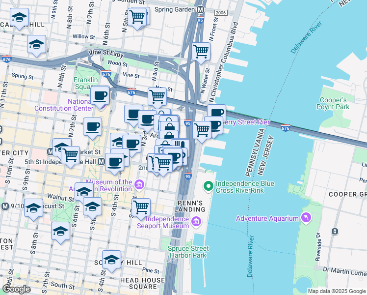 map of restaurants, bars, coffee shops, grocery stores, and more near 48 North Front Street in Philadelphia