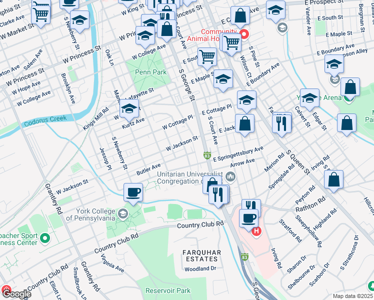 map of restaurants, bars, coffee shops, grocery stores, and more near 817 South Beaver Street in York