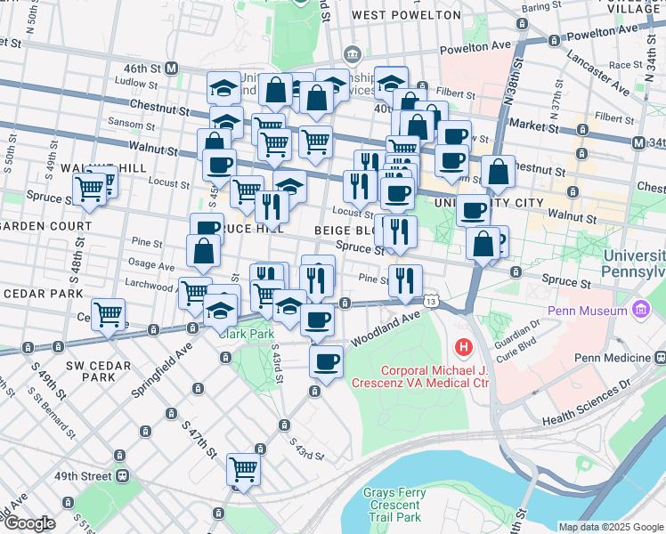 map of restaurants, bars, coffee shops, grocery stores, and more near 4105 Pine Street in Philadelphia