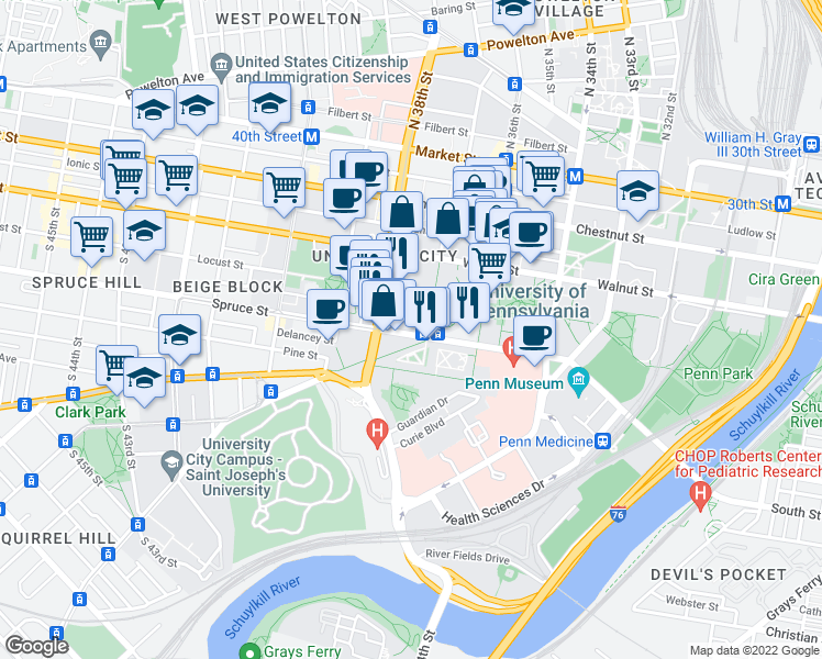 map of restaurants, bars, coffee shops, grocery stores, and more near 3733 Spruce Street in Philadelphia
