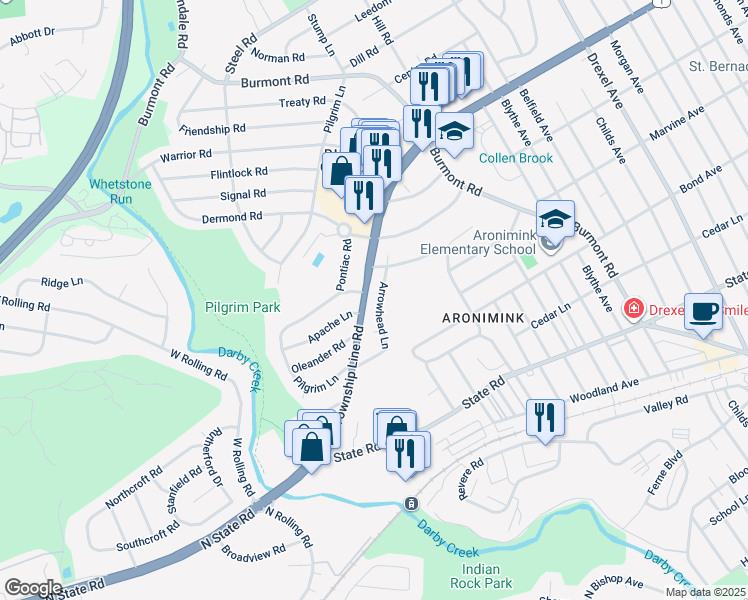 map of restaurants, bars, coffee shops, grocery stores, and more near 5209 Arrowhead Lane in Drexel Hill