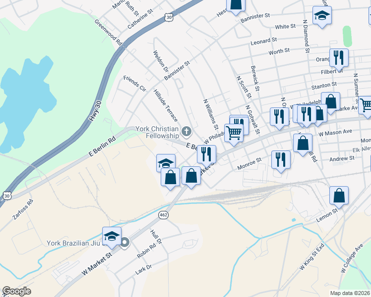 map of restaurants, bars, coffee shops, grocery stores, and more near 300 East Berlin Road in York County