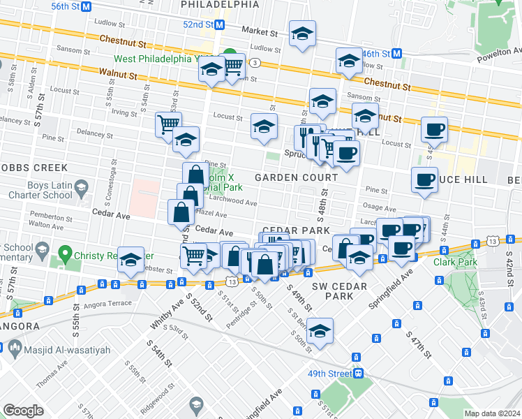 map of restaurants, bars, coffee shops, grocery stores, and more near 4944 Larchwood Avenue in Philadelphia