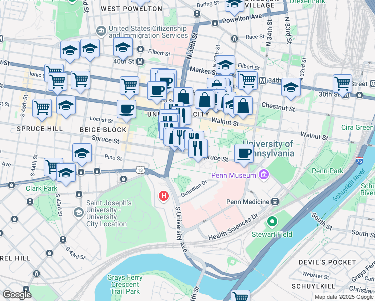 map of restaurants, bars, coffee shops, grocery stores, and more near 3733 Spruce Street in Philadelphia
