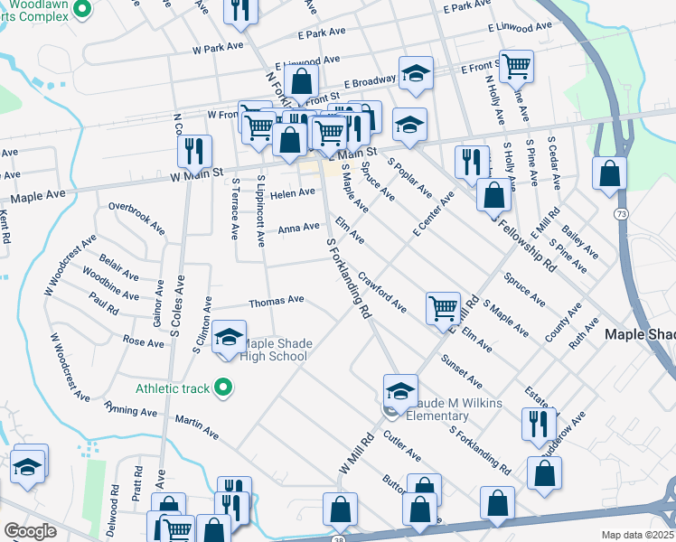 map of restaurants, bars, coffee shops, grocery stores, and more near 220 South Forklanding Road in Maple Shade
