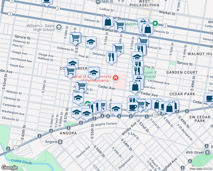map of restaurants, bars, coffee shops, grocery stores, and more near 5410 Cedar Avenue in Philadelphia