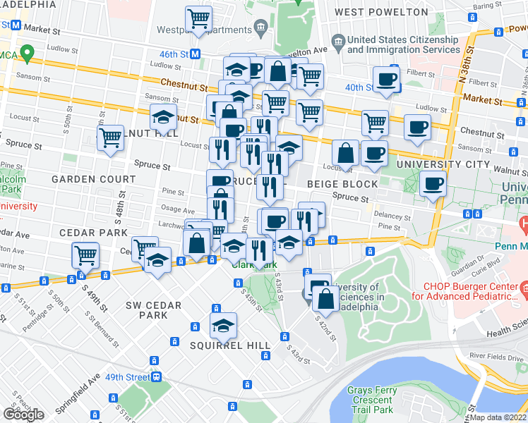 map of restaurants, bars, coffee shops, grocery stores, and more near 4312 Pine Street in Philadelphia