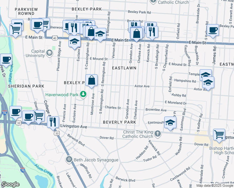 map of restaurants, bars, coffee shops, grocery stores, and more near 912 Vernon Road in Columbus