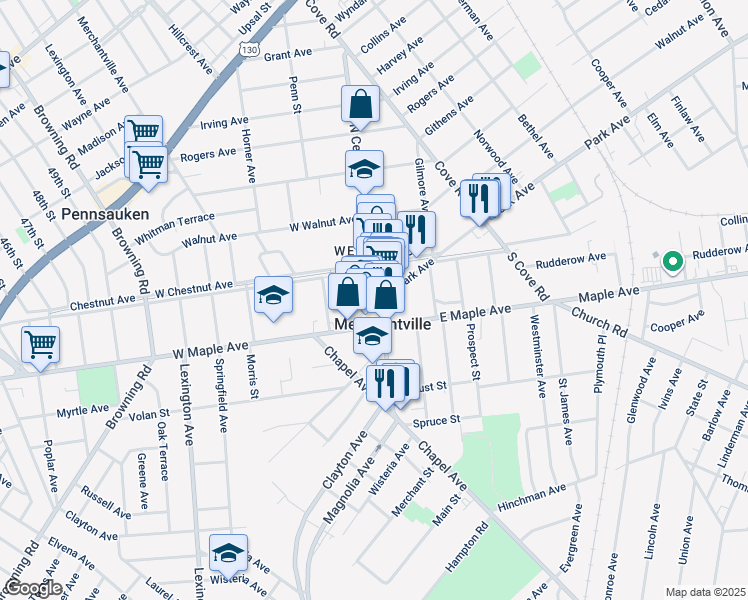 map of restaurants, bars, coffee shops, grocery stores, and more near 13 West Park Avenue in Merchantville