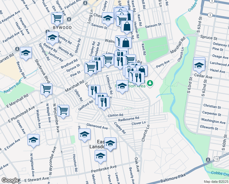 map of restaurants, bars, coffee shops, grocery stores, and more near 540 Millbank Road in Delaware County