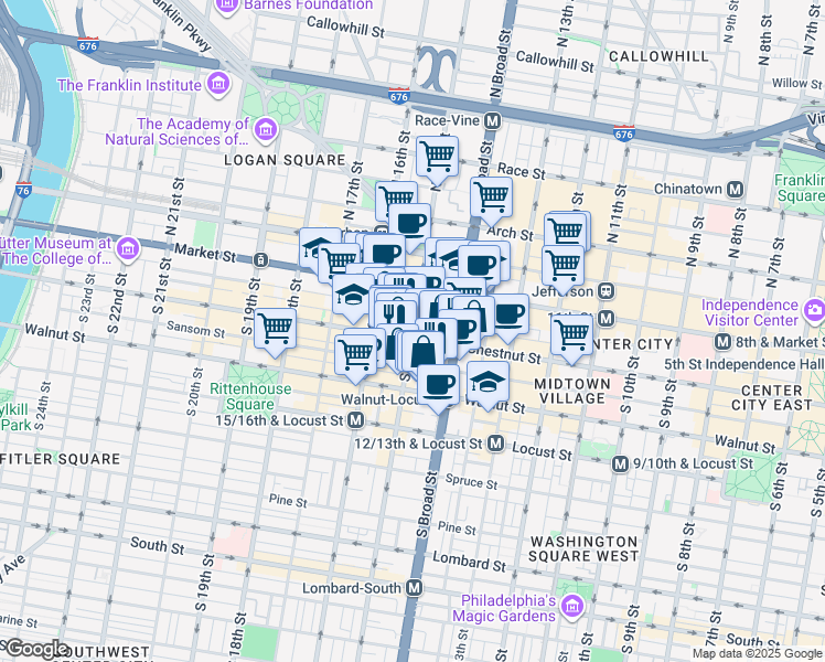 map of restaurants, bars, coffee shops, grocery stores, and more near 1515 Chestnut Street in Philadelphia