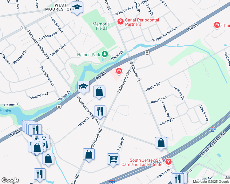 map of restaurants, bars, coffee shops, grocery stores, and more near 222 Fellowship Road in Moorestown