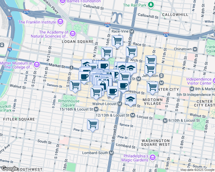 map of restaurants, bars, coffee shops, grocery stores, and more near 1515 Chestnut Street in Philadelphia