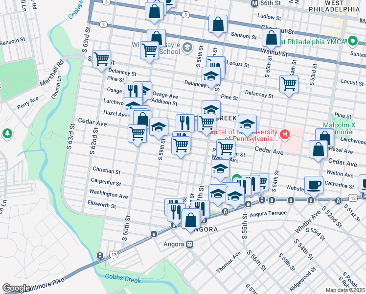 map of restaurants, bars, coffee shops, grocery stores, and more near 5802 Pemberton Street in Philadelphia