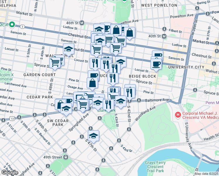 map of restaurants, bars, coffee shops, grocery stores, and more near 4316 Pine Street in Philadelphia