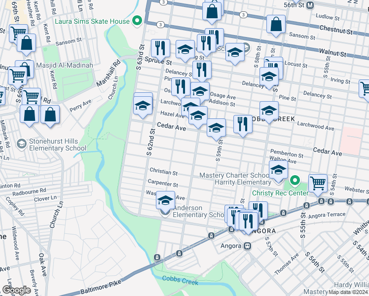 map of restaurants, bars, coffee shops, grocery stores, and more near 6029 Catharine Street in Philadelphia