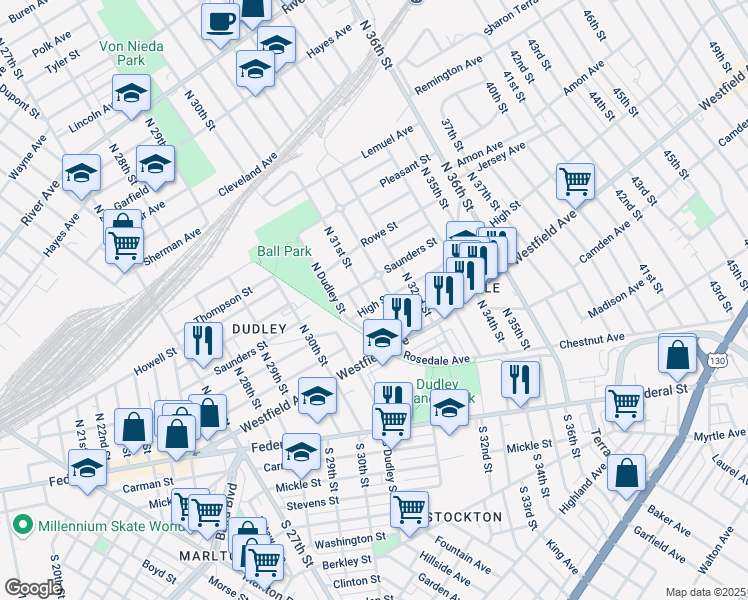 map of restaurants, bars, coffee shops, grocery stores, and more near 3154 High Street in Camden