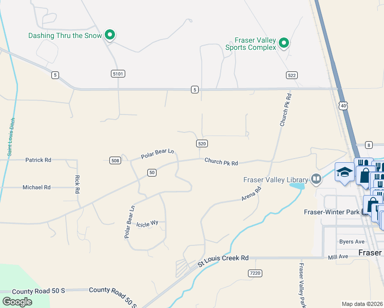 map of restaurants, bars, coffee shops, grocery stores, and more near 23957-24011 County Highway 50 in Fraser