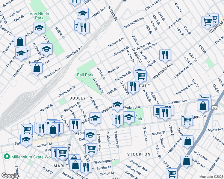 map of restaurants, bars, coffee shops, grocery stores, and more near 3154 High Street in Camden