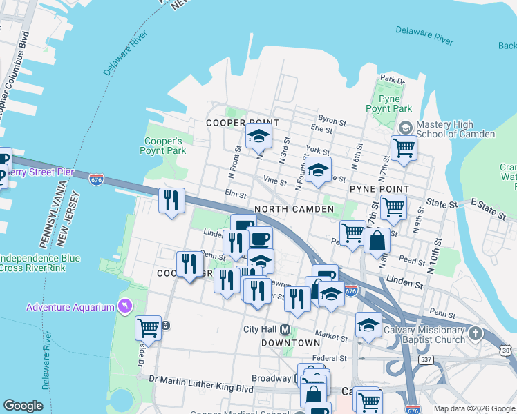 map of restaurants, bars, coffee shops, grocery stores, and more near 209 Birch Street in Camden