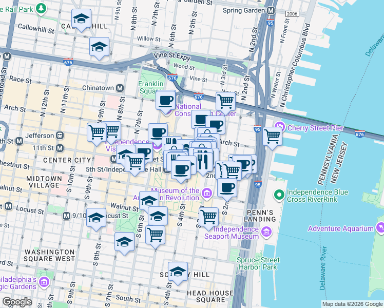 map of restaurants, bars, coffee shops, grocery stores, and more near 21 North 4th Street in Philadelphia
