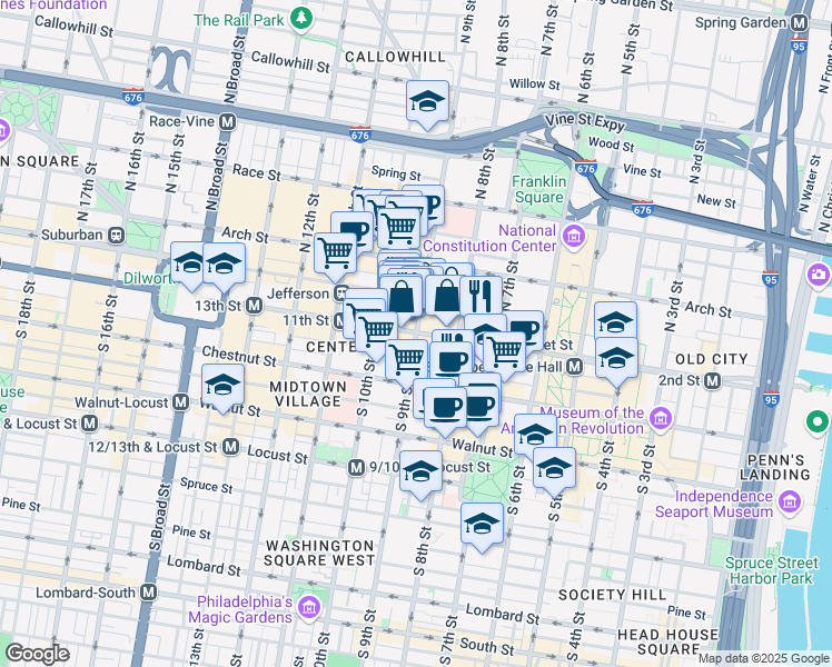 map of restaurants, bars, coffee shops, grocery stores, and more near 901 Market Street in Philadelphia