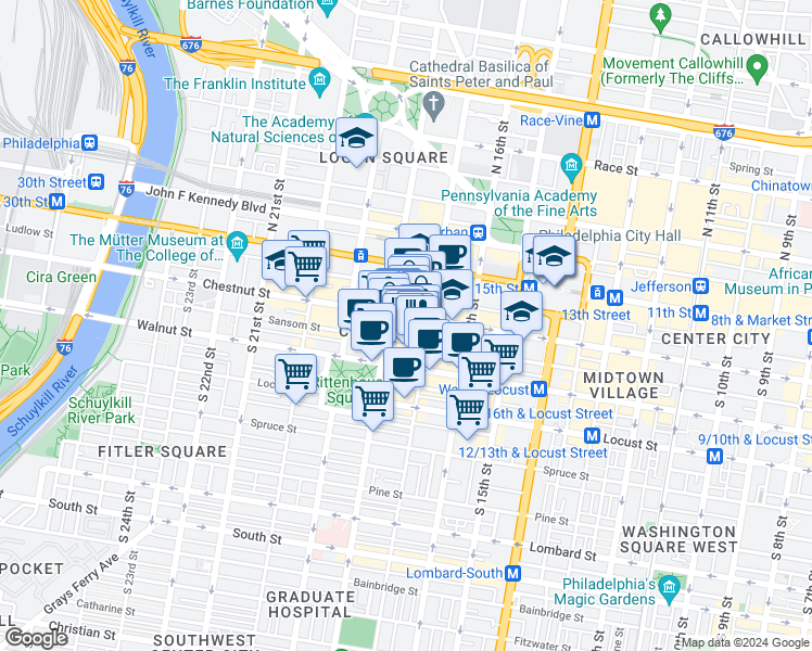 map of restaurants, bars, coffee shops, grocery stores, and more near 1729 Sansom Street in Philadelphia