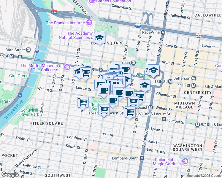 map of restaurants, bars, coffee shops, grocery stores, and more near 1729 Sansom Street in Philadelphia