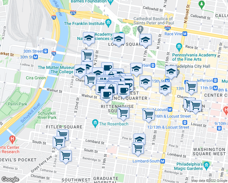 map of restaurants, bars, coffee shops, grocery stores, and more near 124-26 South 19th Street in Philadelphia