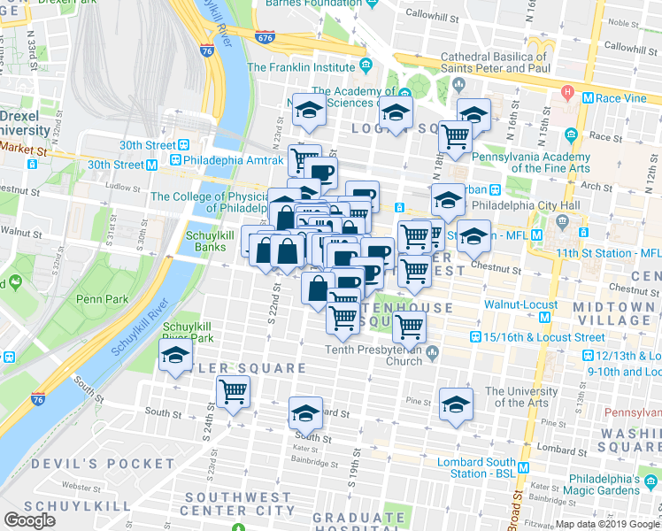 map of restaurants, bars, coffee shops, grocery stores, and more near in Philadelphia