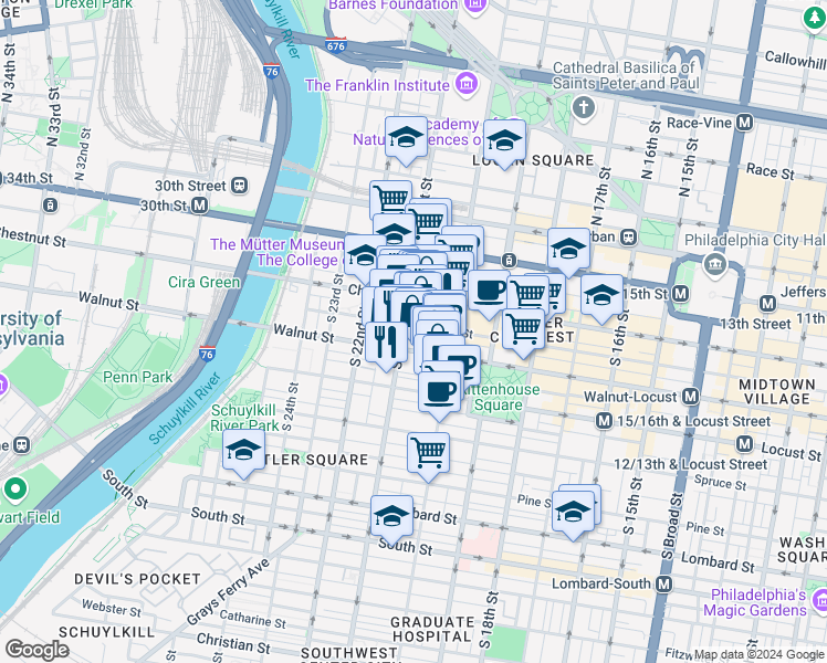 map of restaurants, bars, coffee shops, grocery stores, and more near in Philadelphia