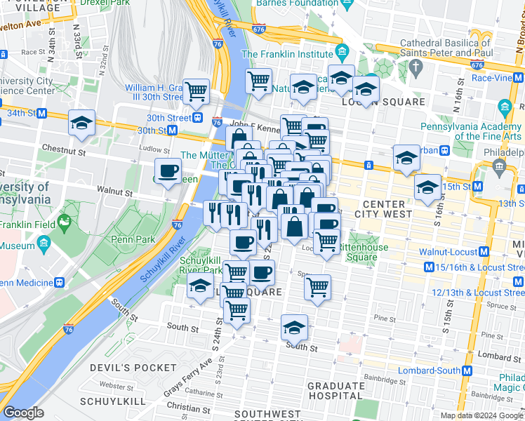 map of restaurants, bars, coffee shops, grocery stores, and more near in Philadelphia
