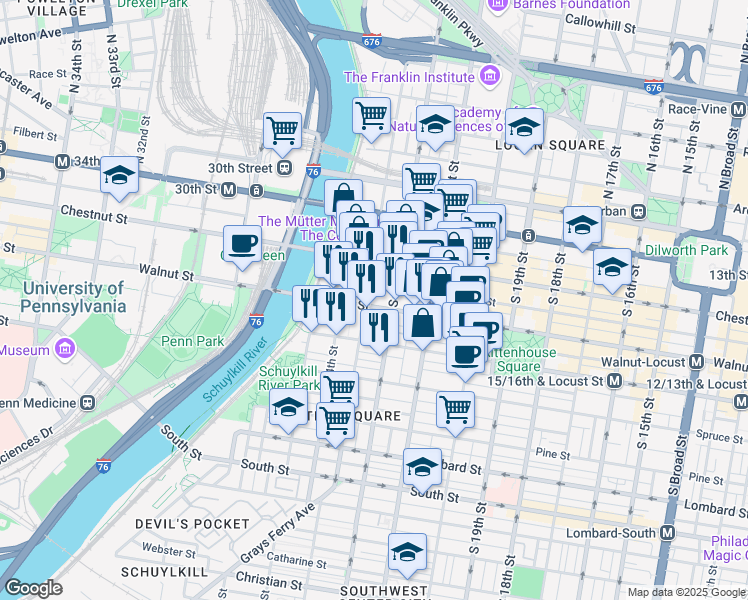 map of restaurants, bars, coffee shops, grocery stores, and more near in Philadelphia