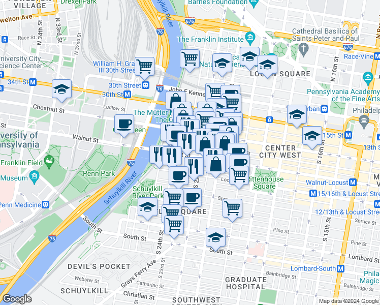 map of restaurants, bars, coffee shops, grocery stores, and more near in Philadelphia