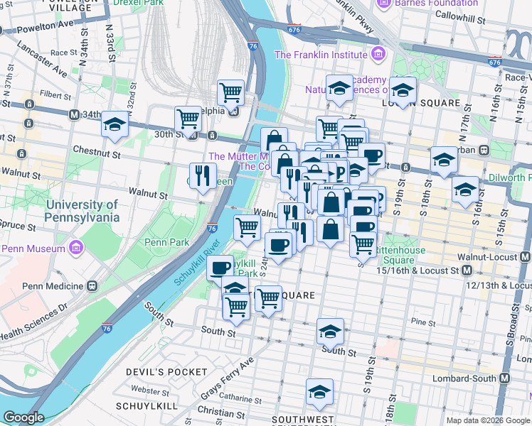 map of restaurants, bars, coffee shops, grocery stores, and more near 2400 Walnut Street in Philadelphia