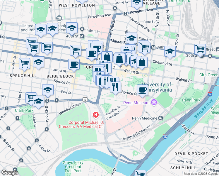 map of restaurants, bars, coffee shops, grocery stores, and more near in Philadelphia