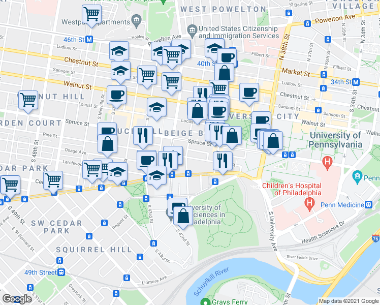 map of restaurants, bars, coffee shops, grocery stores, and more near 319 South 41st Street in Philadelphia