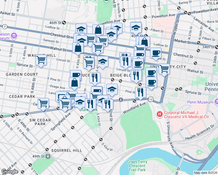 map of restaurants, bars, coffee shops, grocery stores, and more near in Philadelphia