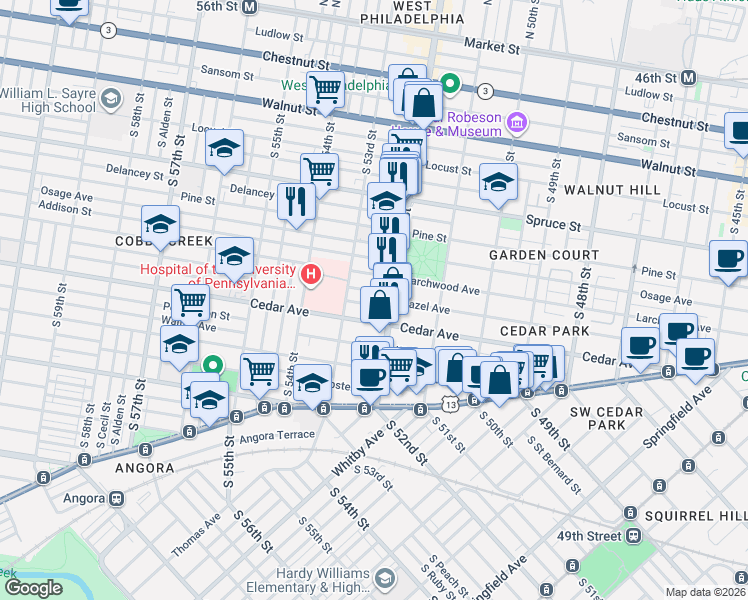 map of restaurants, bars, coffee shops, grocery stores, and more near 5236 Rodman Street in Philadelphia